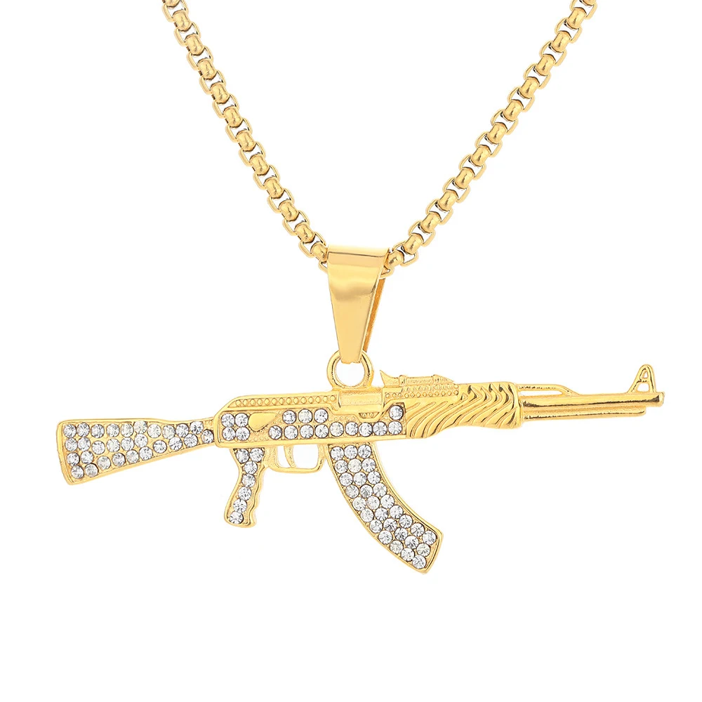 

Hip Hop Iced Out AK47 Gun Pendant Male Gold Color Stainless Steel Military Necklace for Men Hiphop Punk Rock Rapper Jewelry Gift