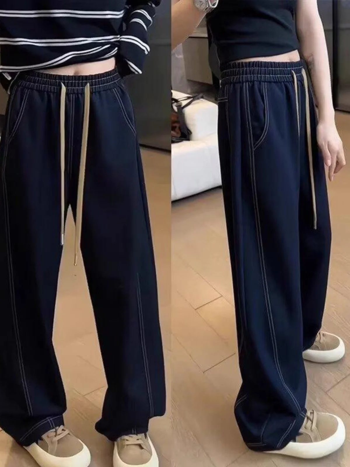 

Drawstring Wide Leg Denim Jeans Women's High Waist Straight Cut Loose Fit Slimming Long Trousers for Pear Shaped Body