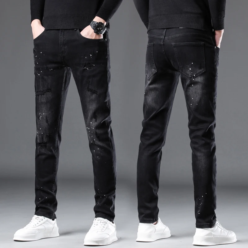 high quality autumn and winter splashed ink ripped black jeans men's pants slim fit elastic small leg pants casual men's pants