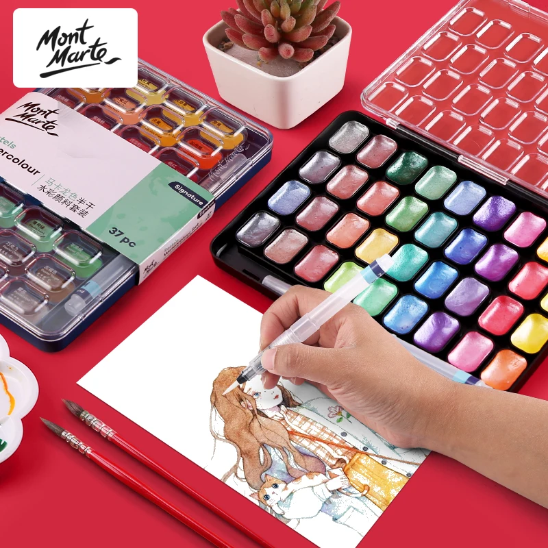 

Mont Marte Metallic Watercolor Set 12/28/36 Pearl Paint Vibrant Colors With1 Paint Brush Washable Water Color Paints Sets