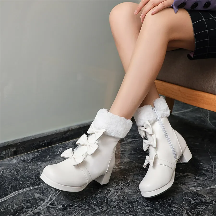

Sweet Pink Bowknot Lolita Platform Ankle Boots Women High Block Heels Casual Party Lady Cosplay Round Toe Fur Zipper Short Boots