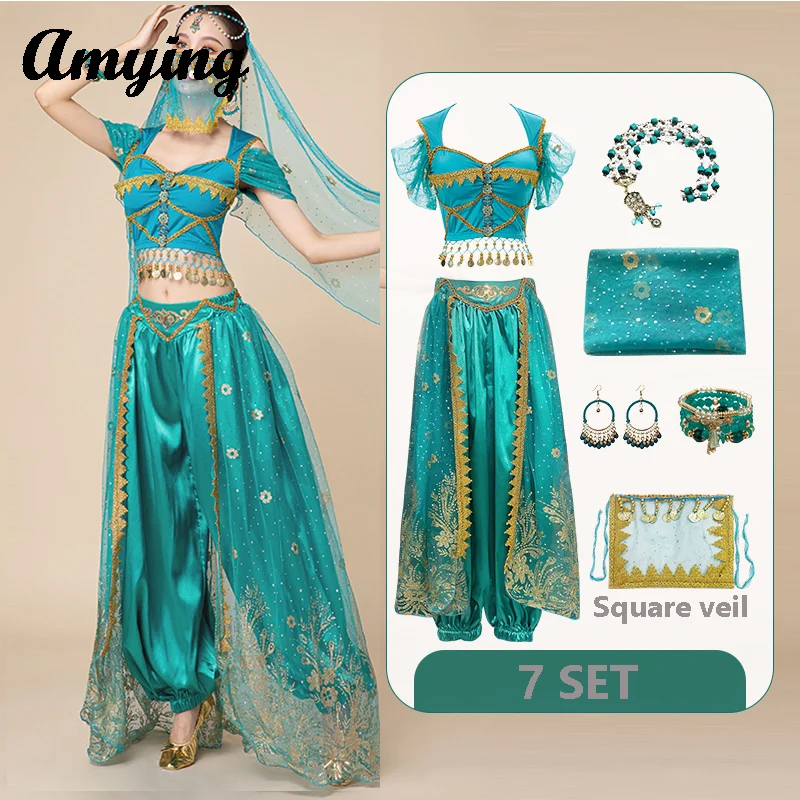 Conjunto de vestido de princesa Jasmine para mujer adulta, traje de actuación en escenario de danza del vientre, vestido de práctica, ropa de juego de rol de Aladdín