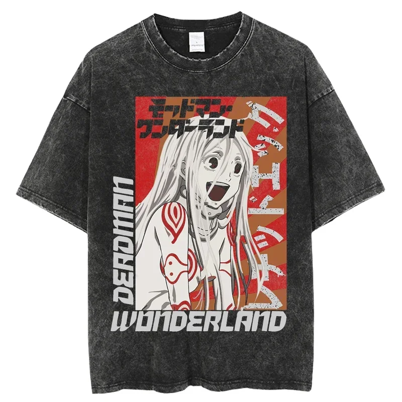 Camisetas con estampado, top corto Y2K, tops de verano estilo Harajuku, camiseta de anime japonés Deadman Wonderland con efecto lavado.