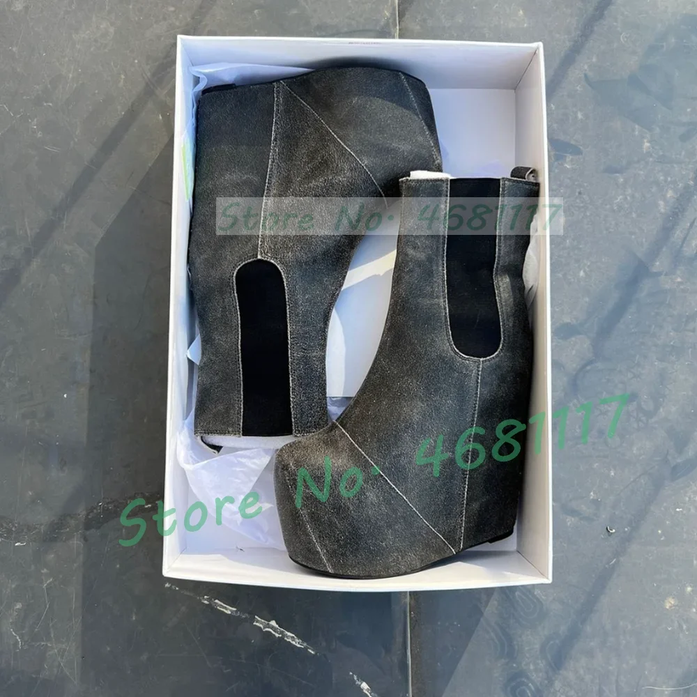 Vintage Platform Chelsea Ankle Boots Women Black Wedges Punk Chunky Heel Shoes Cool Girls Nubuck Leather Round Toe Winter Boots