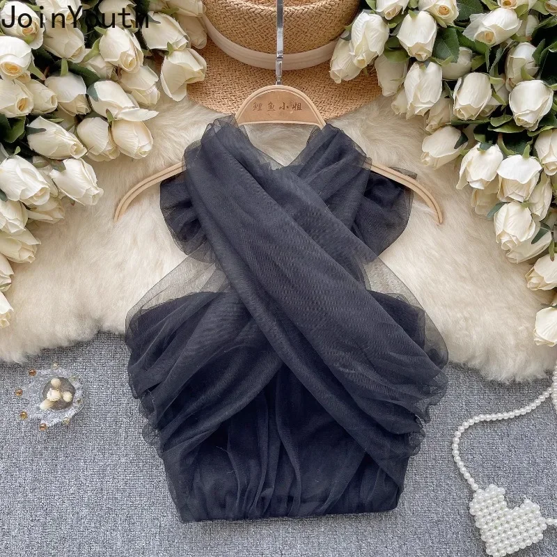 Sweet Y2k Tops 2024 Women Clothing Gauze Bandage Slim Fit Camis Sexy Korean Summer Vest Ropa Mujer Backless Folds Crop Tanks