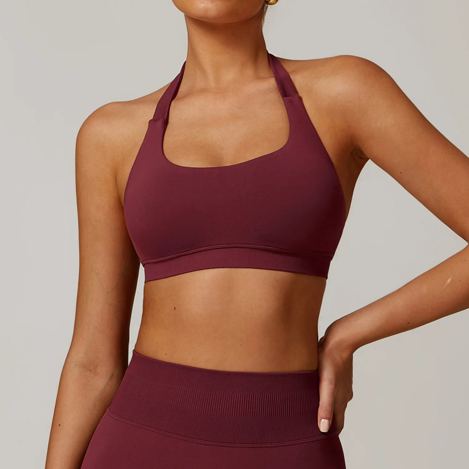 Sport-BH für Damen, nahtloser Neckholder-BH, offener Rücken, Yoga-Top, mittlere Unterstützung, Fitnessstudio, bauchfreies Top, gepolsterte Sportbekleidung, Laufen, sexy Unterwäsche