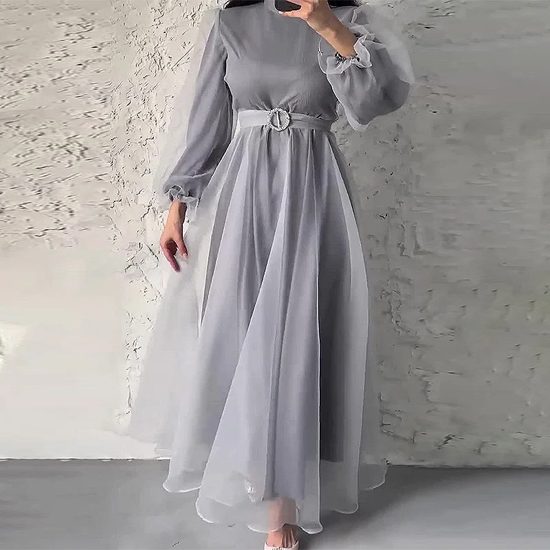 ashion Half High Collar Mesh Dress 2024 Women Solid Pleated Formal Evening Gown Robe Vestidos Spring Elegant Long Dresses