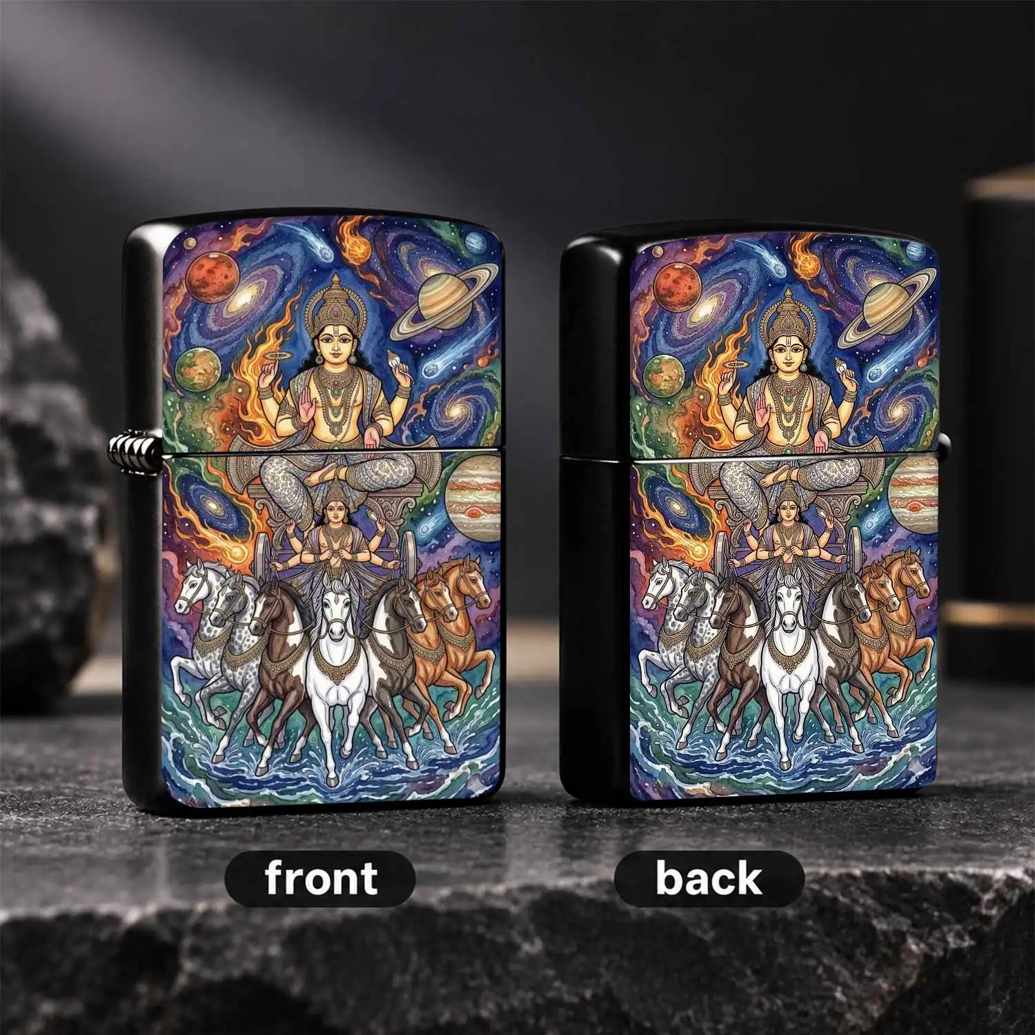 Hindu Sun God Surya Themed Lighter With Cosmic Galaxy Pattern, Portable Multi-Scene Usable Igniter, Exotic Mythology Cultural Decor, Unique Meaningful Festival Gift For Spiritual Culture Lovers A Humorous And Interesting Lighter