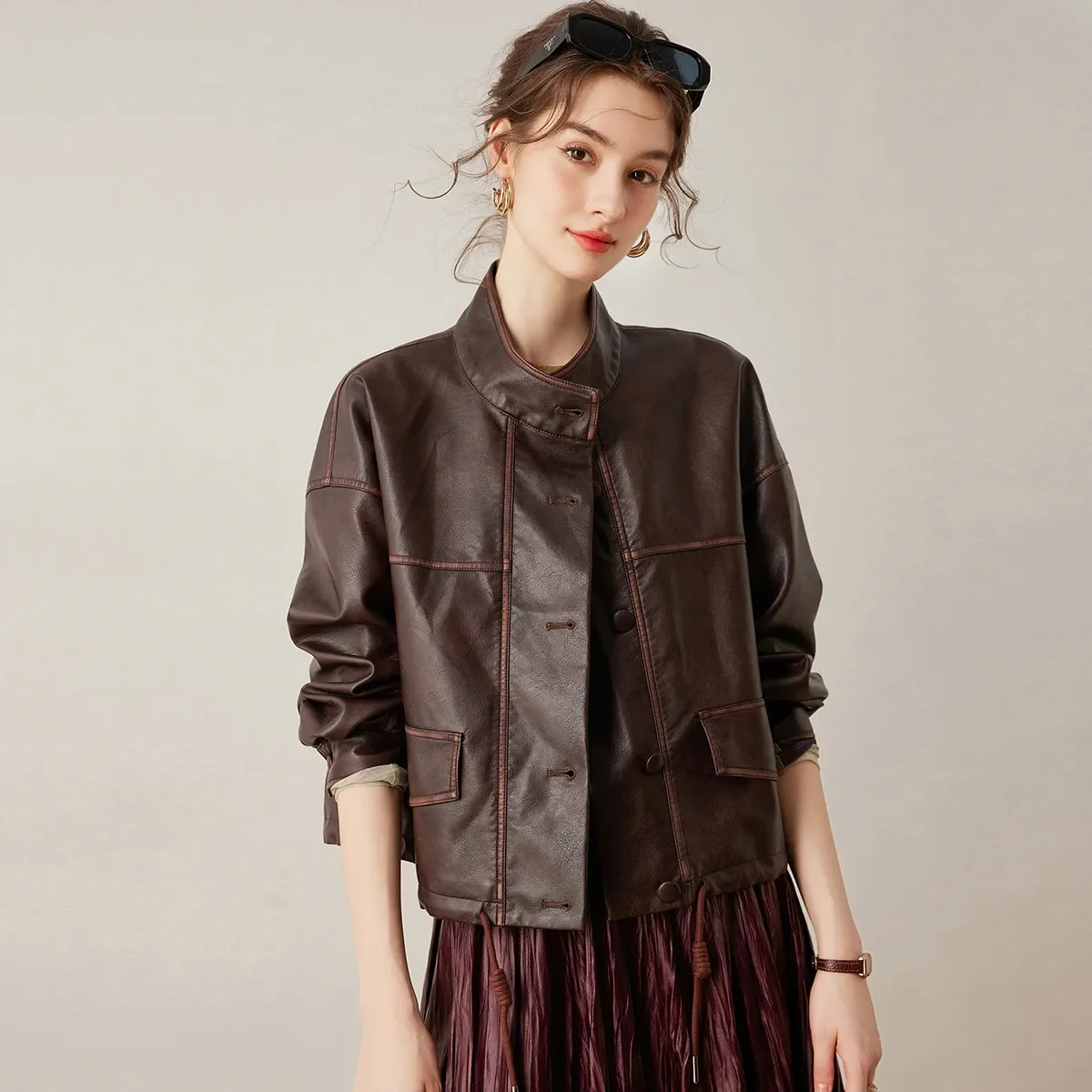 LOUIS YAO Faux Leather Jacket 2026 Spring Autumn Stand-up Collar Long-sleeved Loose Drawstring Hem Coat Women's Outerwear