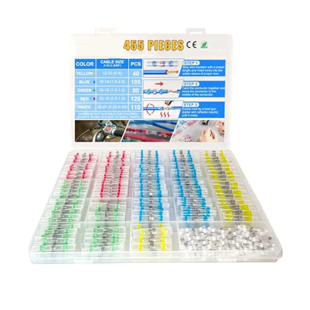 

455PCS Heat Shrink Self Soldering Butt Connector Waterproof Solder Sleeve Tube Connector Terminal For Marine Electrical Auto