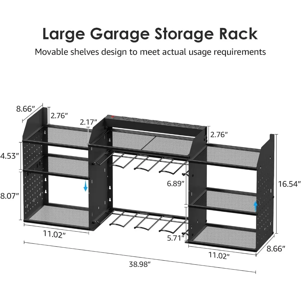 CCCEI Black Large Tools Organizer Wall Mount Charging Station, 39 Inch Long Power Tool Battery Storage Rack with 6FT Power