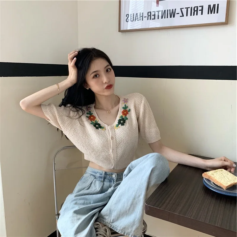 New Korean Style Cropped Sweater Women Vintage Oversize Knit Tie Fllowers Female Spring Summer Short Sleeve V-neck Cardigan Tops