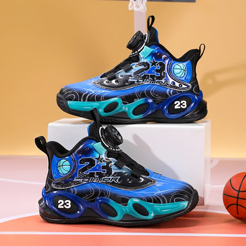 

Trendy Blue Children's Basketball Shoes Rotary Buckle Kids Basketball Sneakers Boys Outdoor Non-slip High Top Child Sports Shoes