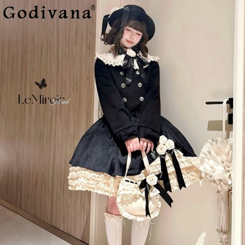 

Graceful Coat Fake Two Piece Floral Dress Set for Women Autumn Winter Ruffled Elegant Suits Female Bow Vintage Dress Outfits