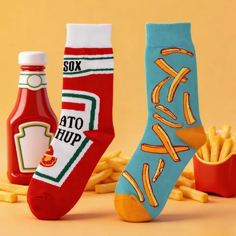 American Retro Tomato Sauce Fries Color-Block Mid-Calf Socks Street Style, Cotton Comfort, Year-Round Wear