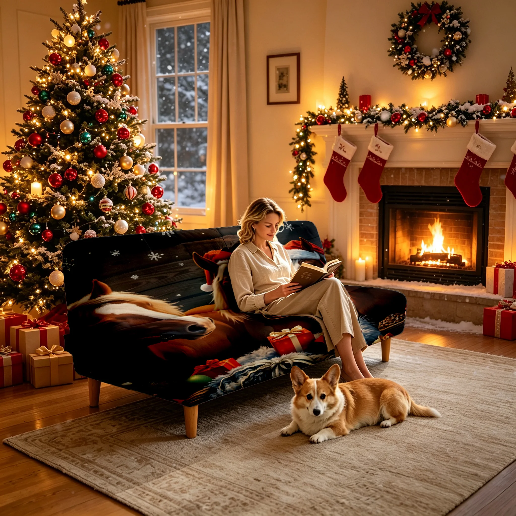 1PC Christmas cartoon horses gifts print elastic folding sofa bed cover holiday living room folding sofa bed decor cover