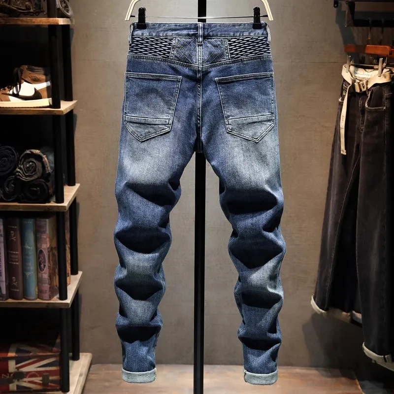 Street Designer Fashion Men Jeans Retro Blue Spliced Stretch Slim Fit Ripped Jeans Men Patched Hip Hop Denim Biker Pants Hombre