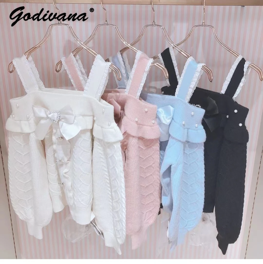 

Japanese Style Women's Sweet Autumn and Winter Knitted Sweaters Heart Buckle Big Bow Strapless Off Shoulder Knitwear Tops