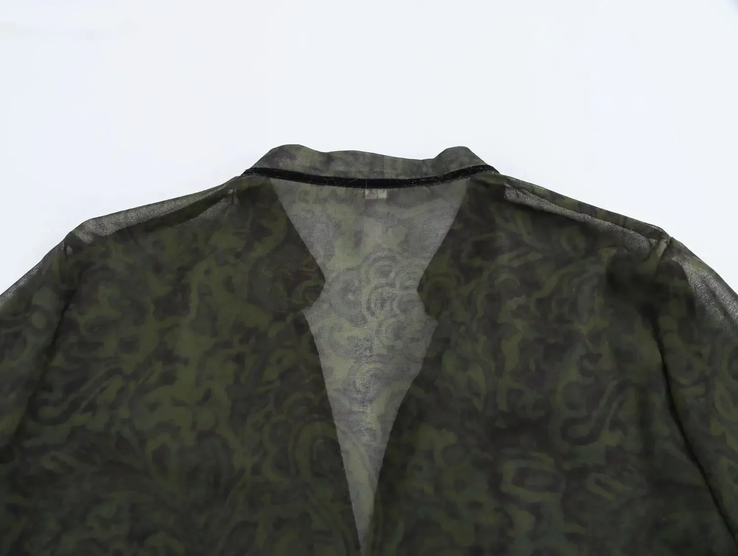 Nice Summer Women's Clothing European And American Style Button Velvet Trim Printed Long Sleeve V-Neck Shirt