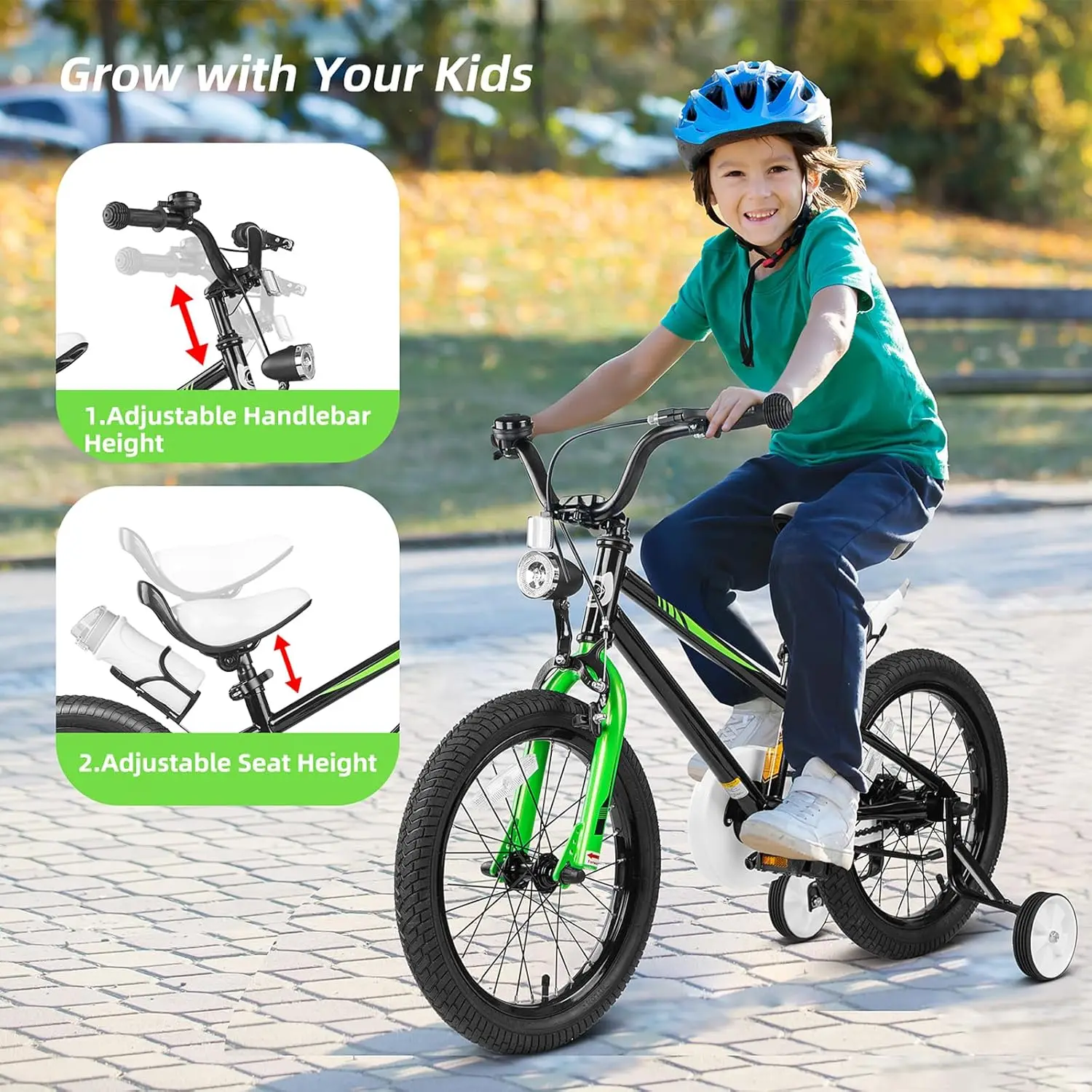 Vélo pour enfants âgés de 3 à 8 ans, vélo pour enfants de 16 pouces avec roues d'entraînement, béquille et phare, siège réglable