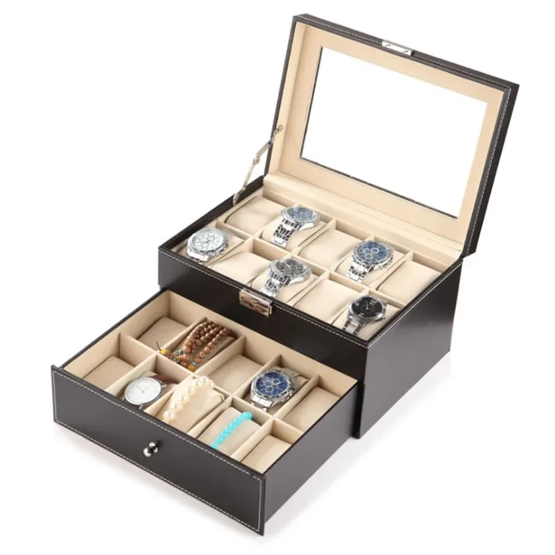 Uhrenbox aus PU-Leder – Vitrine mit transparentem Deckel und weichem Innenraum, Aufbewahrungsorganisator mit mehreren Schubladen für die Schmuckkollektion – Detail 7