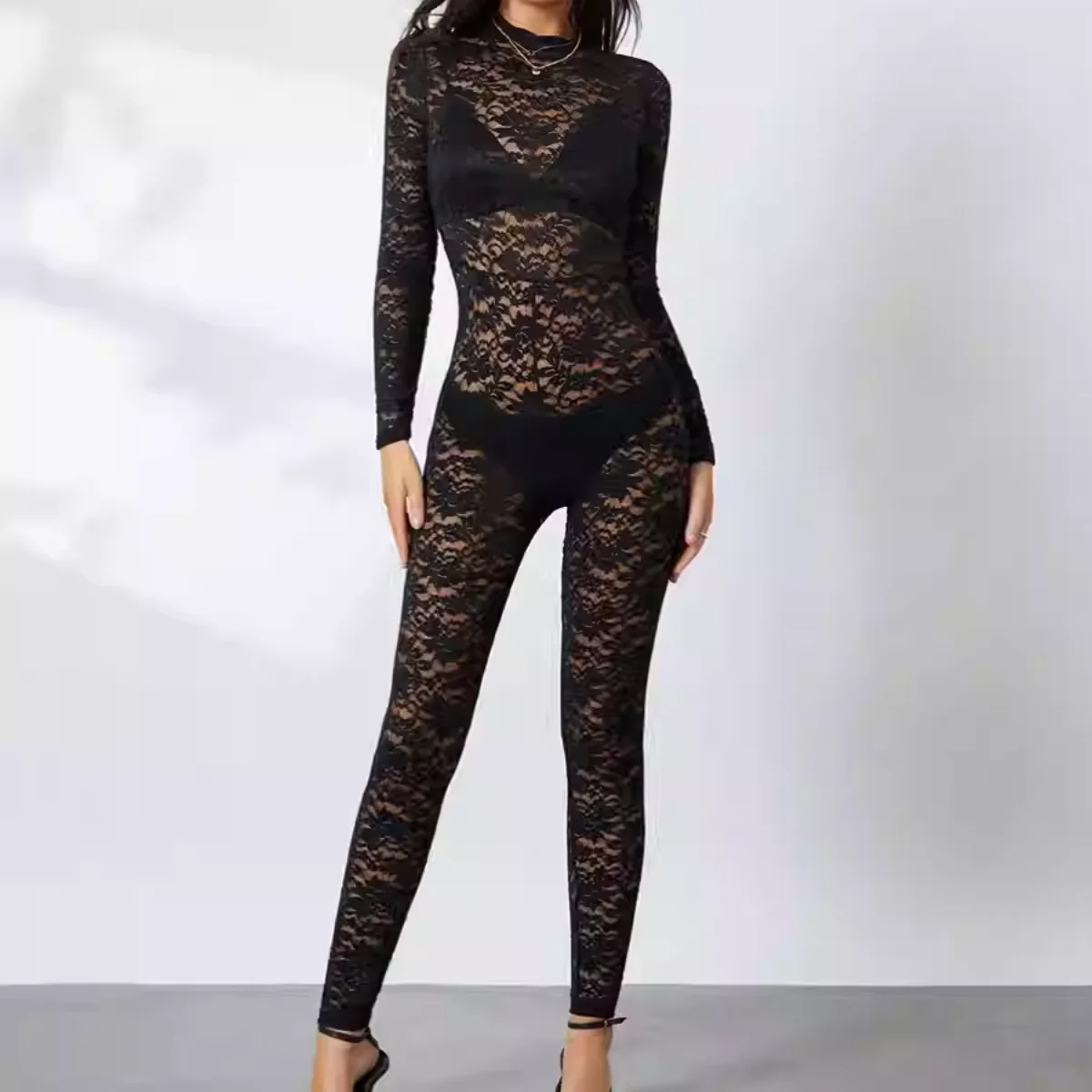 

Кружевные прозрачные комбинезоны с длинными рукавами, полуночная клубная одежда, боди на молнии, сексуальные женские цельные комбинезоны, модное облегающее корректирующее белье
