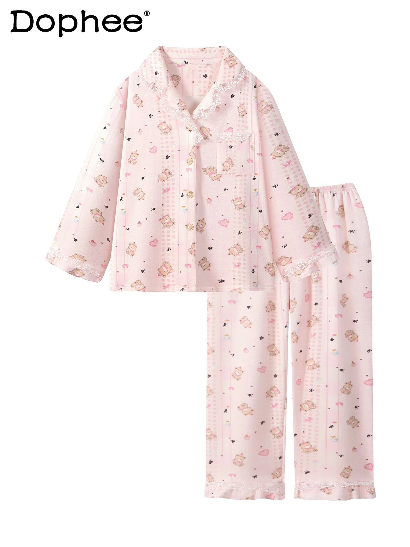 

Japanese Sweet Pink Cartoon Cute Bear Lace Thin Velvet Pajamas 2025 New Winter Casual Comfortable Homewear for Women