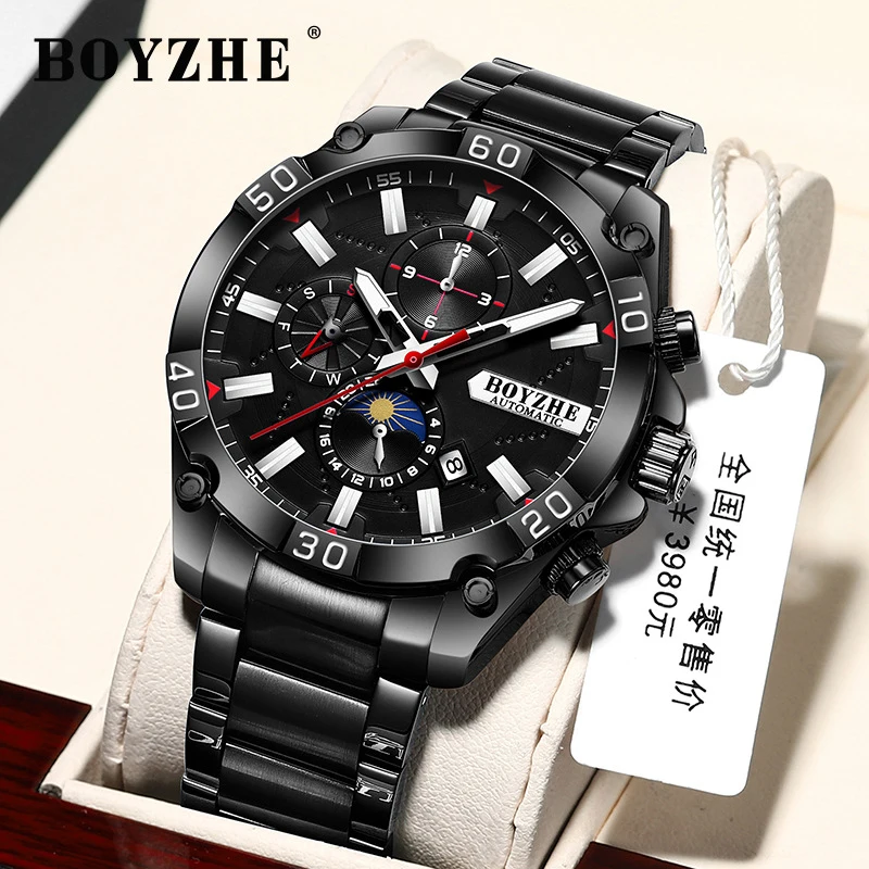 Watches Mens BOYZHE Top Brand Luxury Mechanical Watch for Men Stainless Steel Sport Waterproof Moon Phase Automatic Wristwatch