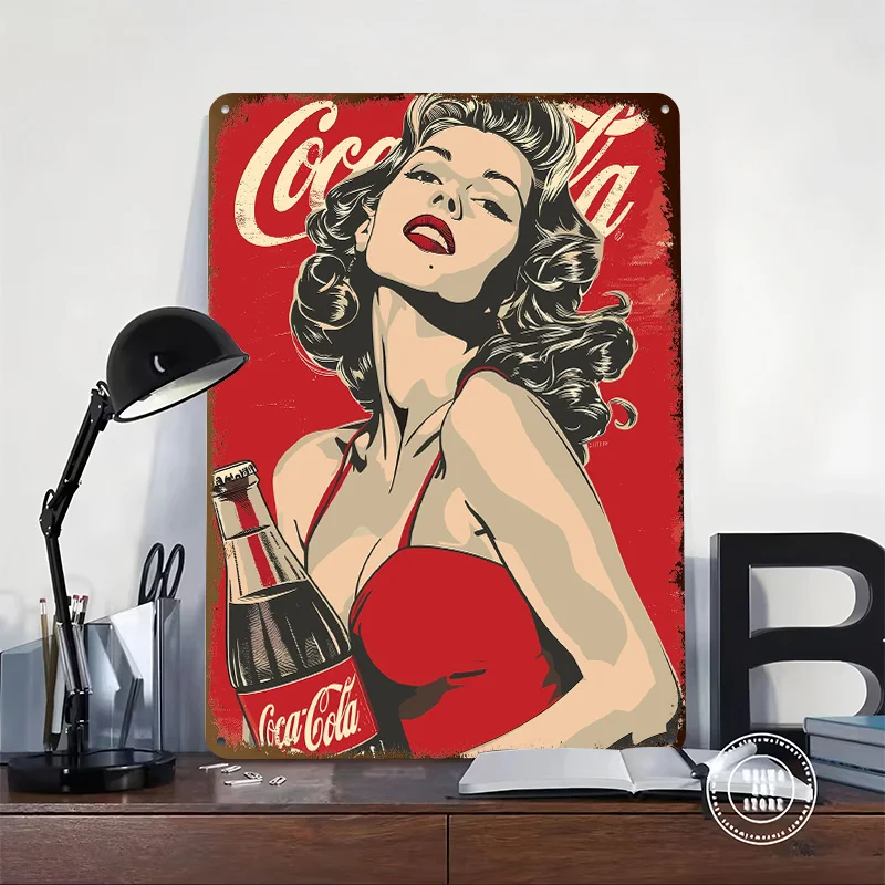 Retro Coca-Cola Pin-Up Girl Metal Poster Customized Wall Art Retro Vintage Metal Tin Signs for Apartment Decoration Room Decor