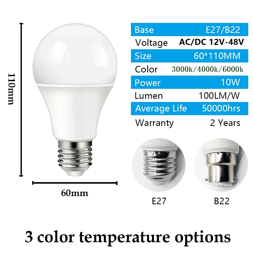 Bombilla LED de 12 V-48V CC/CA, E27, B22, 10W, 12 voltios, bajo voltaje, iluminación de lámpara, lote de 6 unidades