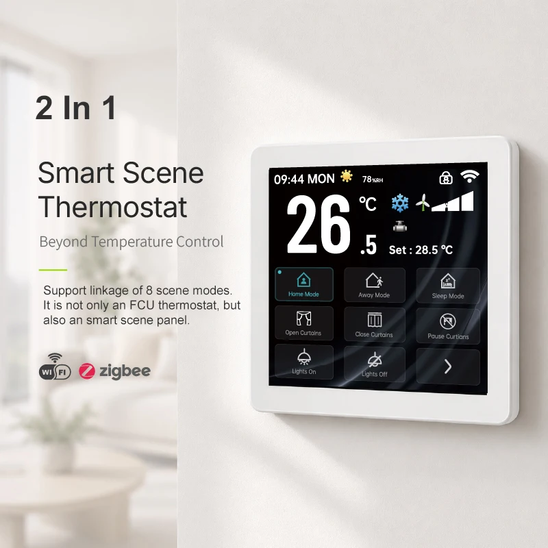 2in1 WiFi/Zigbee FCU/Fan Coil Air Conditioner Temperature Thermostat Touch Screen Scene Switch Tuya Smart Life Remote Control