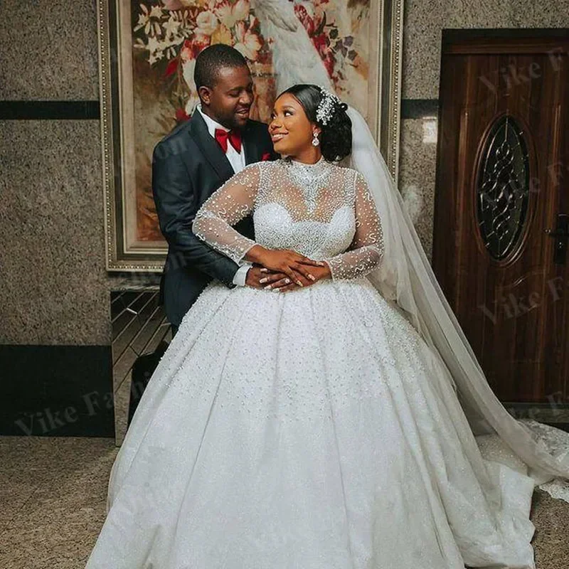 Customized  Long Sleeves Heavy Sequins Beads Ballgown Wedding Dresses High Neck Long Sleeves Puffy Woman Elegant Bridal Gowns