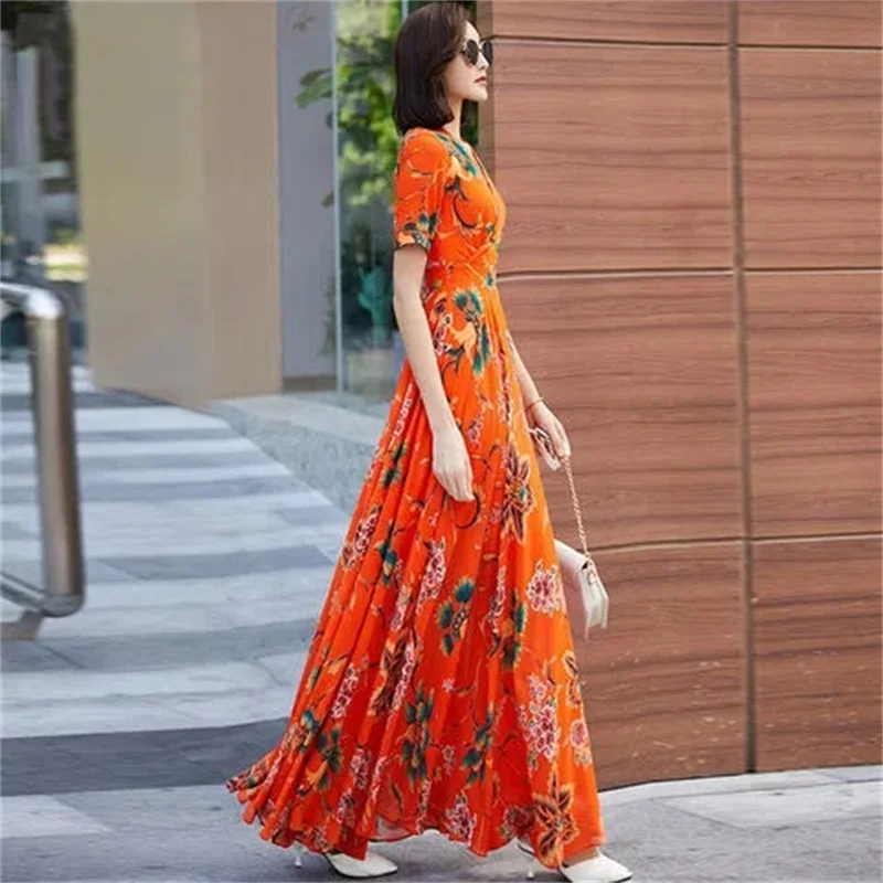 

High-End Chiffon Qrint Dress Women's Summer 2022 New Popular V-Neck Waist Slimming Bohemian Belly Cover Skirt Trend M305
