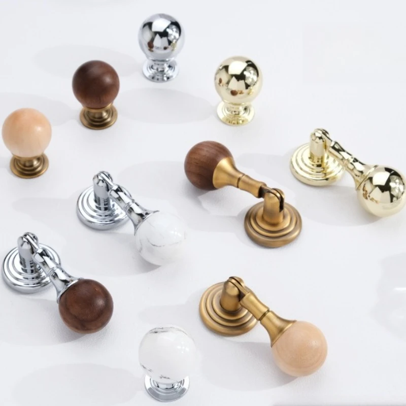 

Antique Brass Round Ball Handle with Walnut Pendant Cabinet Door Handle Single Hole Marble Texture Drawer Pull French Style