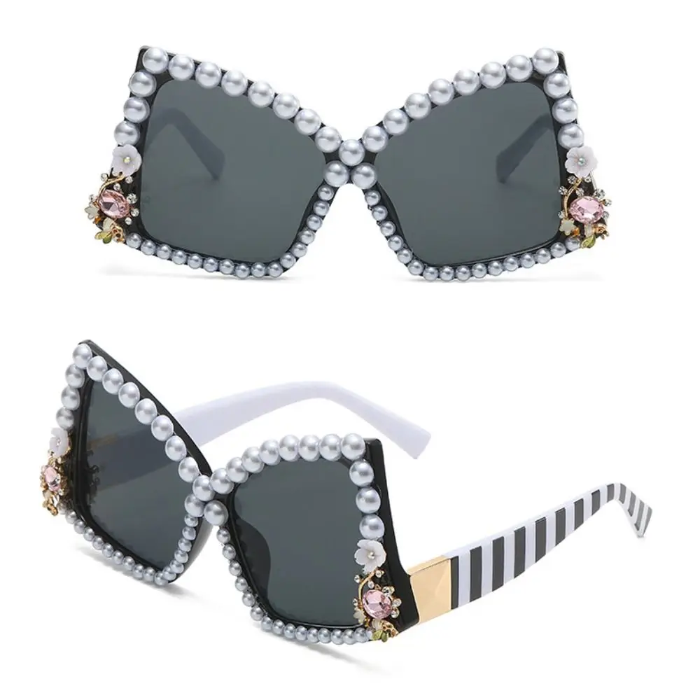 Hip Hop Sun-Protective Bow Sunglasses Pearl Decoration Eyewear Black Shades Glasses Irregular Party Glasses