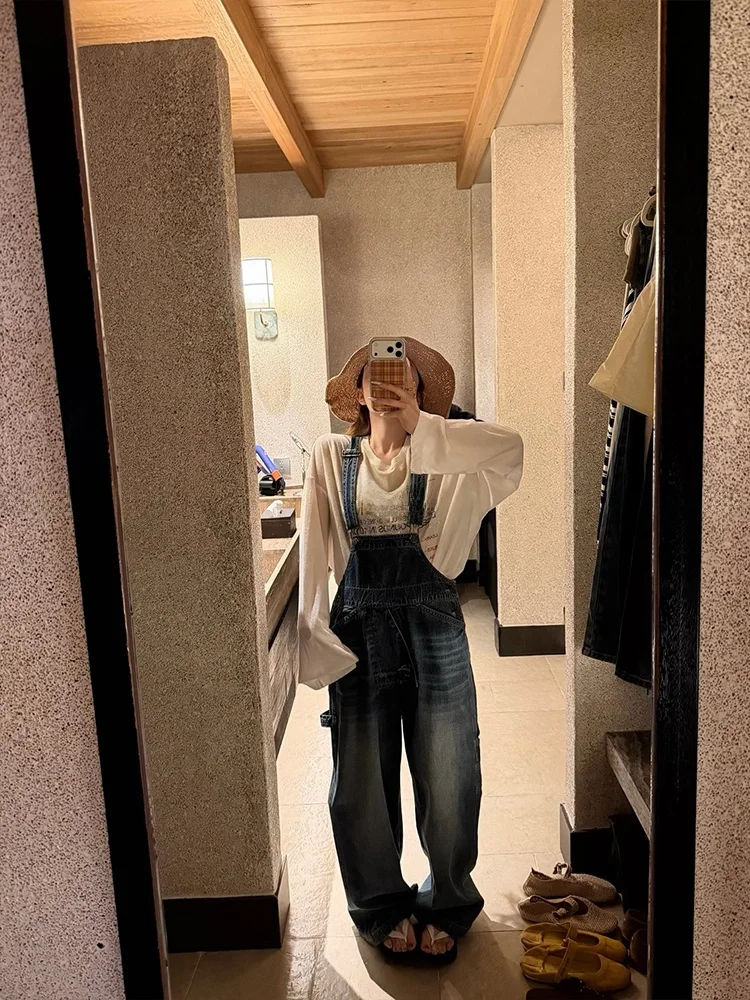 

Spring Summer High Waist Denim Overalls Women's Cotton Straight Leg Slimming Versatile Casual Long Pants Holiday Outfit
