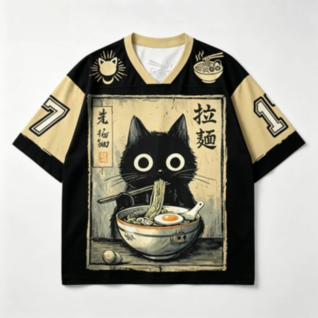 Retro Japanese Ukiyo T-shirt Black Cat Eats Lamian Noodles 3D All Over Print V-neck Beige Black Splice Street Top