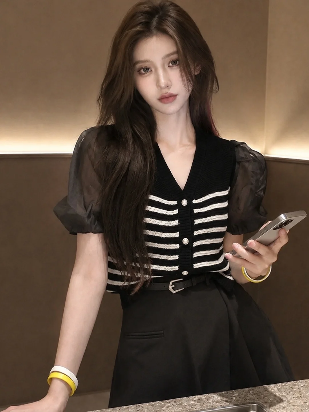 Summer 2026 Women's Knitted Short Sleeve V-Neck Single Button Color Block Striped Design Top Korean Style Soft Straight Cut