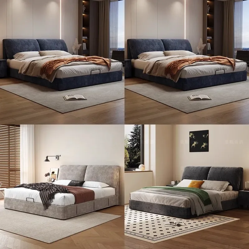 Nordic Cream Fabric Elephant Ear Bed Modern Luxury Double Frame High Box Storage Soft Upholstered Master Bedroom Furniture