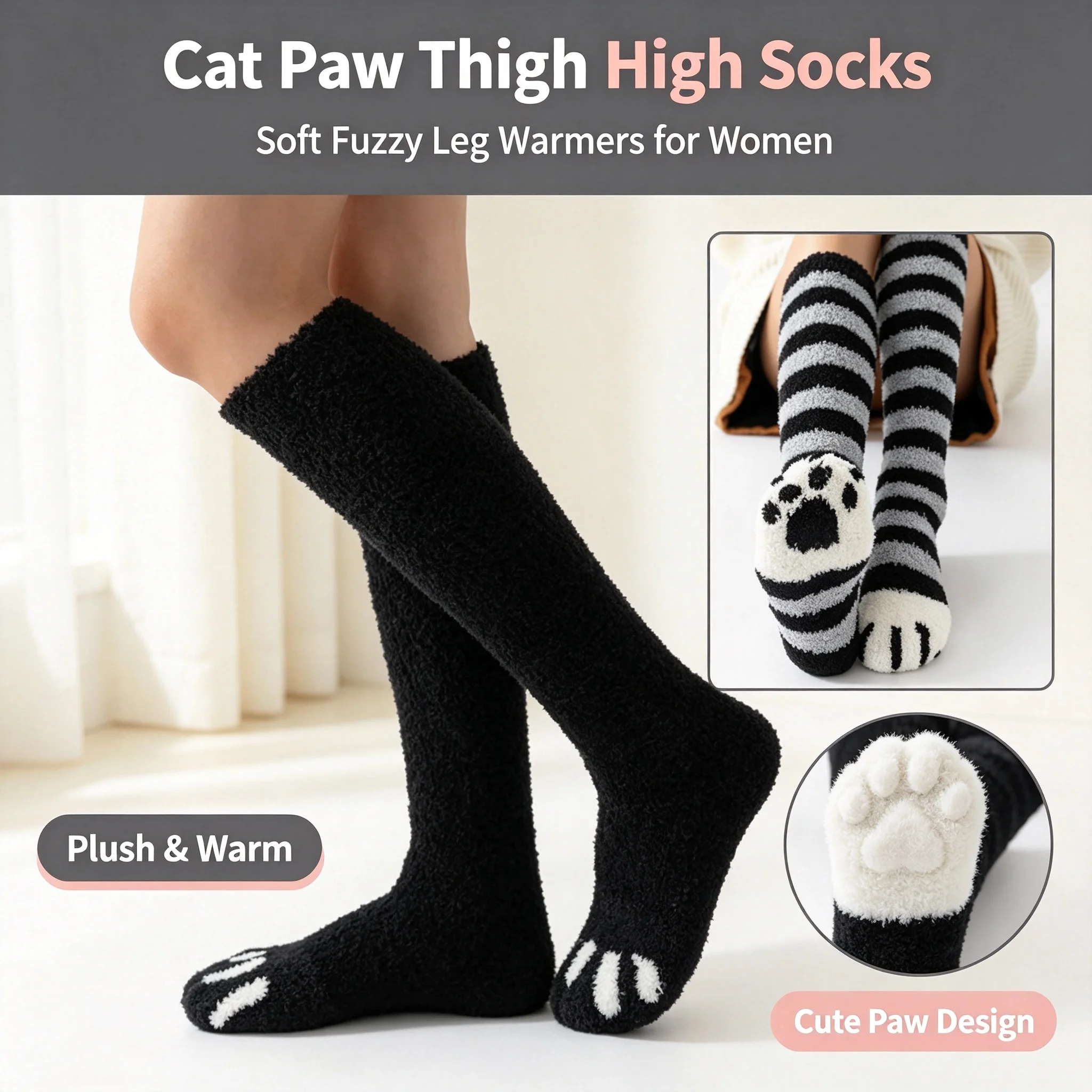 2 Pairs Cute Cat Print Calf Socks, Thick Plush‑Lined Soft Stretchy Warm Home Athletic Socks for Autumn Winter