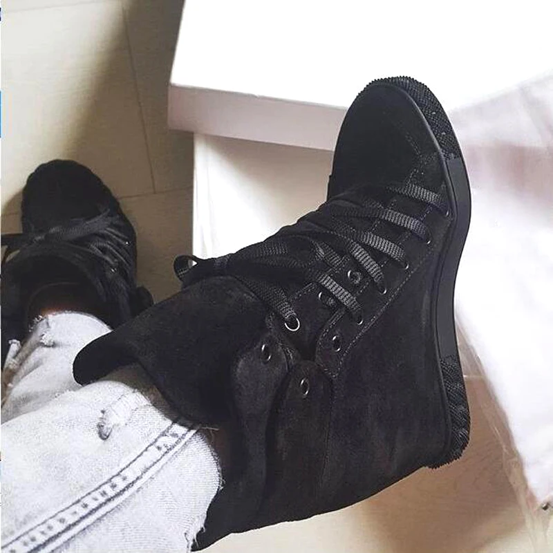 Black Cow Suede Leather Casual Shoes Silver Women Height Increasing Lace Up Ladies High Quality Roma Style Flats Sneakers Autumn