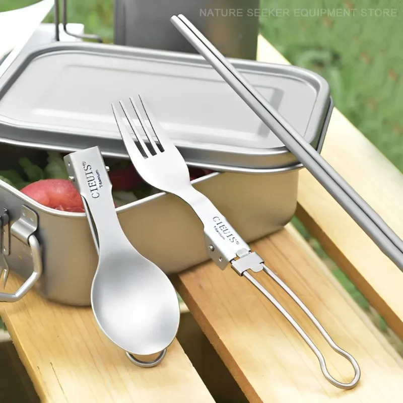 CIEUIS ไทเทเนียมพับส้อมน้ําหนักเบาอาหารค่ํากลางแจ้งสําหรับ Camping Hiking Backpacking ภาชนะช้อนตะเกียบแหนบ