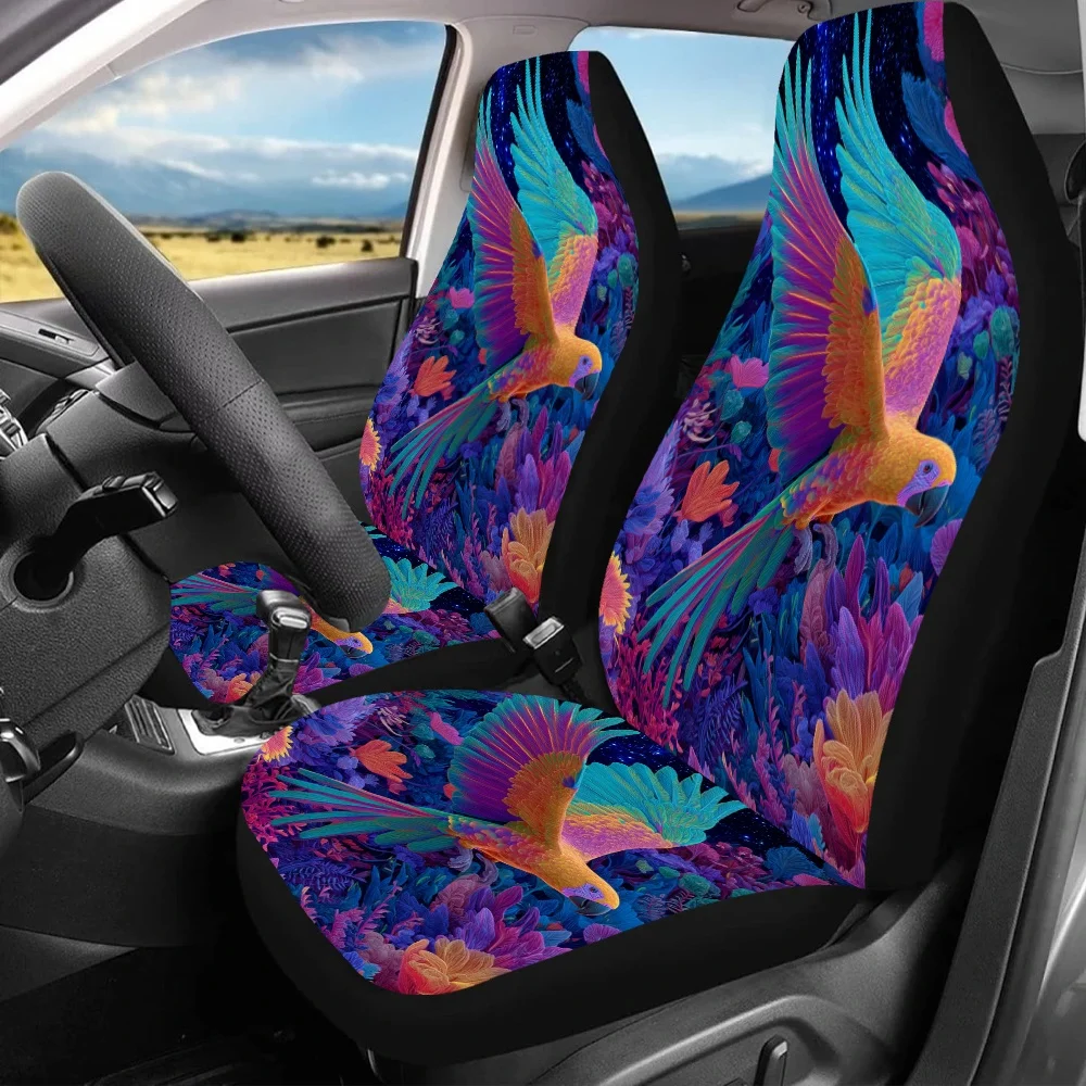 2pcs Neon Parrot Garden Print Car Seat Covers - Vibrant & Pink Floral Design, Durable Polyester, Fit For Cars, SUVs, Sedans, Enh