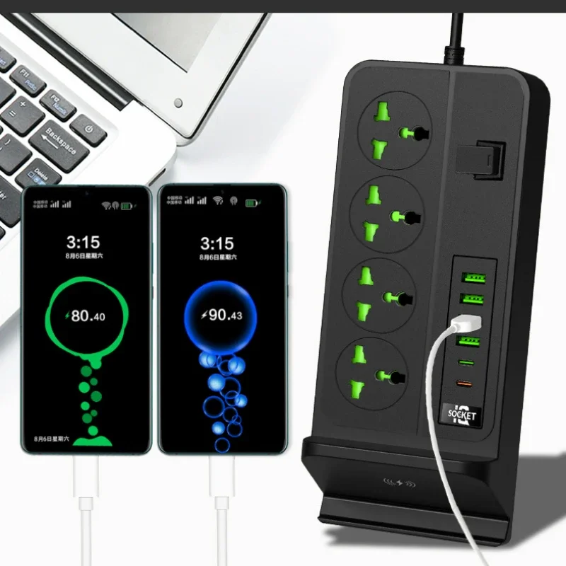 4 Wireless Charging Socket 3000W High Power with USB Socket Multi-function UK US Power Strip Multi-plug Household Office