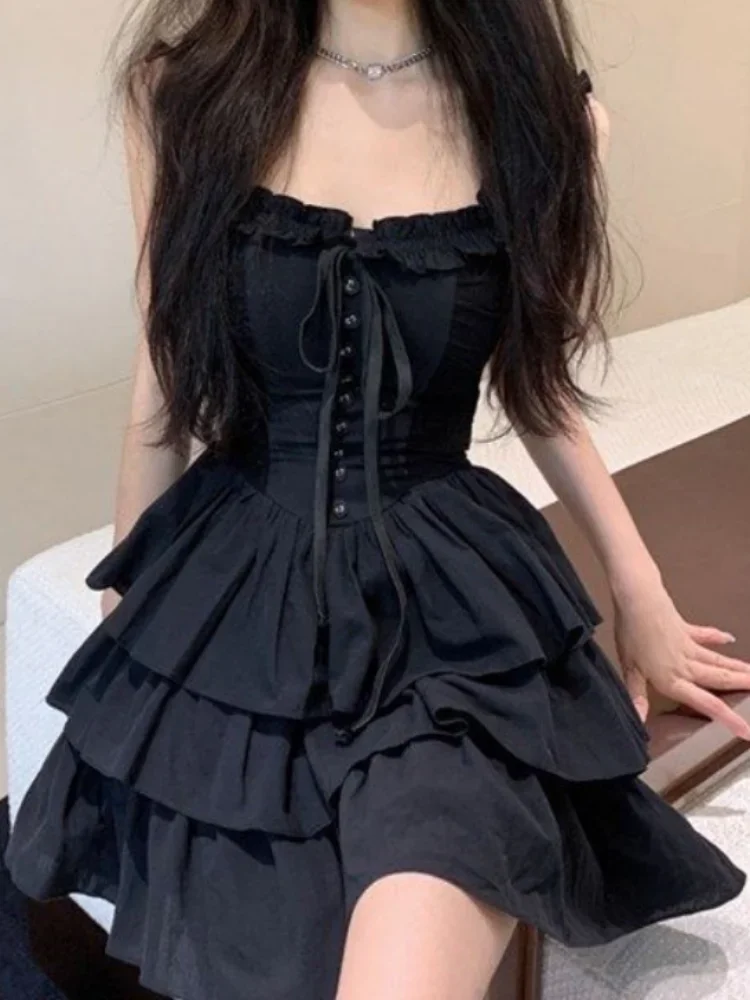 

Gothic Goth Harajuku Sexy Slip Dress Ruffles Y2k Streetwear Dark Punk Cake Dresses Party Korean Fashion 2024 Summer