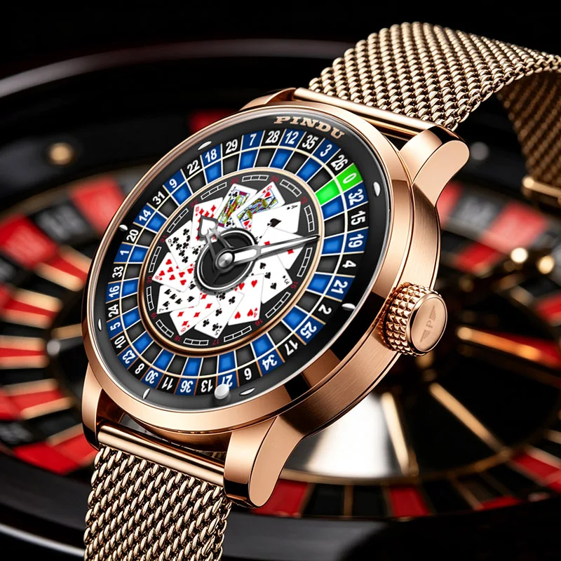 PINDU Unique Design NH35A Men Automatic Mechanical Watches Rotating Roulette Poker Theme Spades Luminous Personalized Pointer