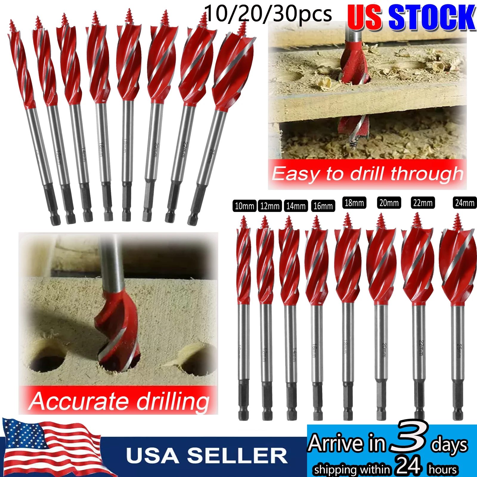 8/32Pcs Wood Auger Drill Bit Set,High-Carbon Steel 4 Flute Cut Drilling Bit Kit,10-25mm Wood Hole Drill Bit Woodworking Tools