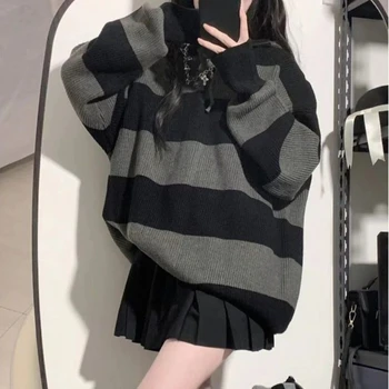 Women's Striped Y2K Hooded Sweater 5 2000s Subculture Striped Loose Casual Korean Fashion Hooded Sweaters Y2k American Vintage High-End Sweaters Harajuku Pullovers 5