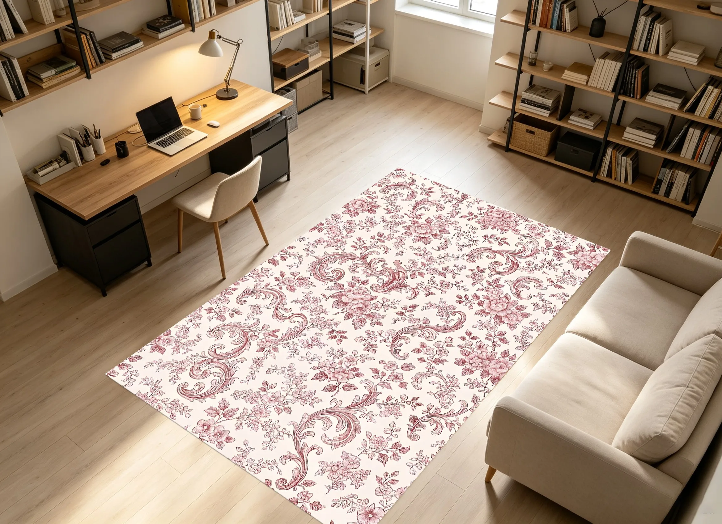 Large Area Rug with Retro Pink Rose and Foliage Pattern, French Retro Style, for Living Room Bedroom