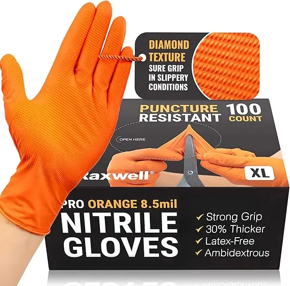 Nitrile Gloves 8Mil Heavy Duty Orange Industrial Disposable Gloves with Diamond Textured Grip Mechanic Safety Work 100/50/30PCS